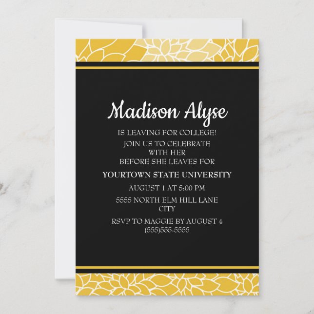 Gelbe Schwarze Blüte Auf Uni Party laden Einladung (Vorderseite)