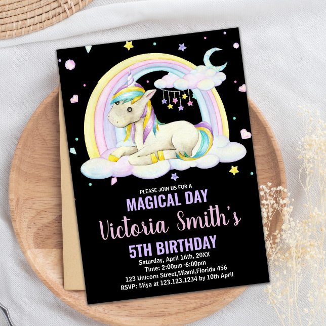 Gelbe schwarze Blütenzunge Geburtstagseinladungen Einladung (Yellow Floral Black Unicorn Birthday Invitations)