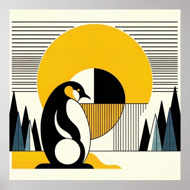 Gelbe schwarze Pinguine Abstrakt Sonnenschein Art  Poster (Vorne)