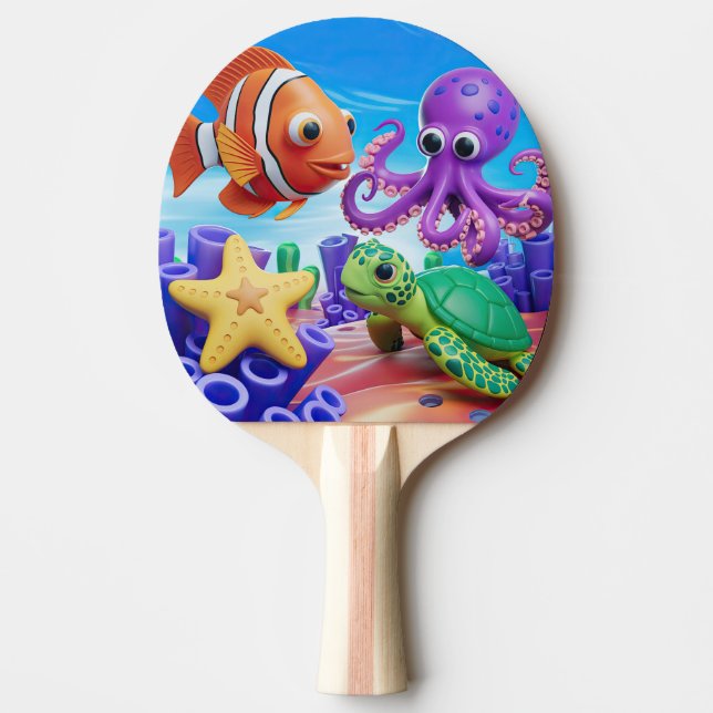 Gelbe Seesterne, grüne Schildkröte und roter Clown Tischtennis Schläger (Vorderseite)