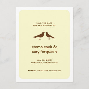 Gelbe Sitte Save the Date Liebesvögel flach Ankündigungspostkarte