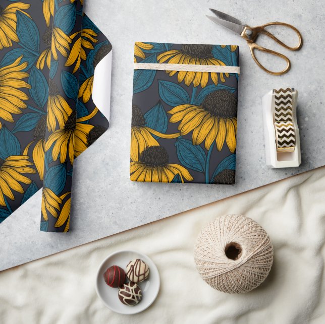 Gelbe Sitzbänke in dunkelblau Geschenkpapier (Basteln)