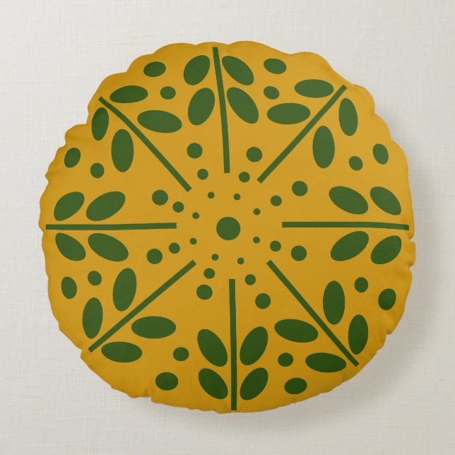 Gelbe Skandinavische Folklorekunst Rundkissen Rundes Kissen (Vorderseite)