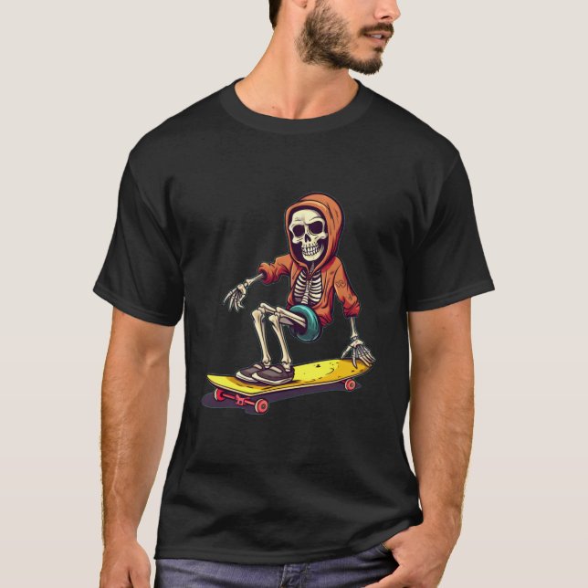 Gelbe Skateboard mit Skelettkrüger für Skate T-Shirt (Vorderseite)