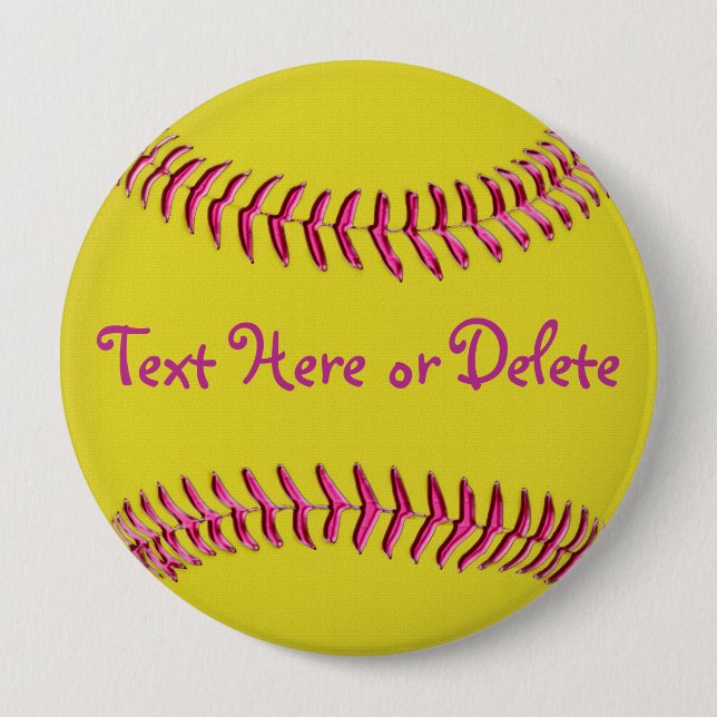 Gelbe Softball-Buttone mit rosa Faden, IHR TEXT Button (Vorderseite)