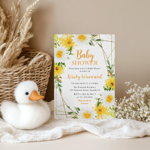 Gelbe Sommerblumen und Goldrahmen-Baby-Party Einladung