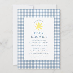 Gelbe Sonne Baby Junge Blau Gingham Baby Shower Einladung