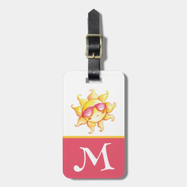 Gelbe Sonne in rosa Sonnenbrille Kid's Initial Gepäckanhänger (Vorderseite vertikal)