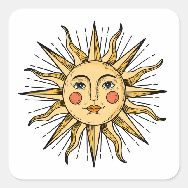Gelbe Sonne mit Gesicht Quadratischer Aufkleber (Vorderseite)