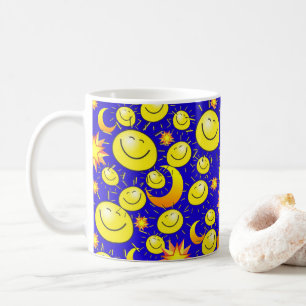 Gelbe Sonne, Mond, Sterne Blaue Tasse