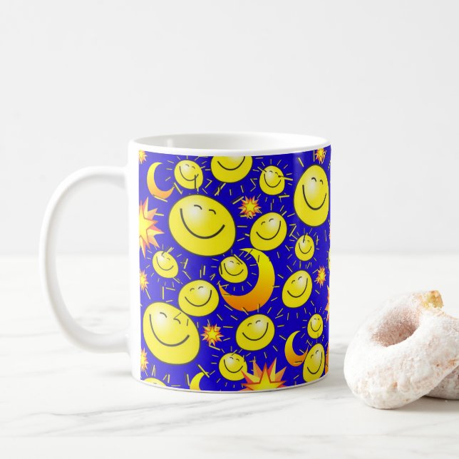 Gelbe Sonne, Mond, Sterne Blaue Tasse (Mit Donut)