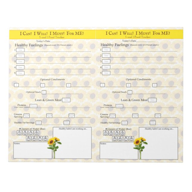 Gelbe Sonnenblume 5 und 1 Food Tracker Notepad Notizblock (Vorderseite)