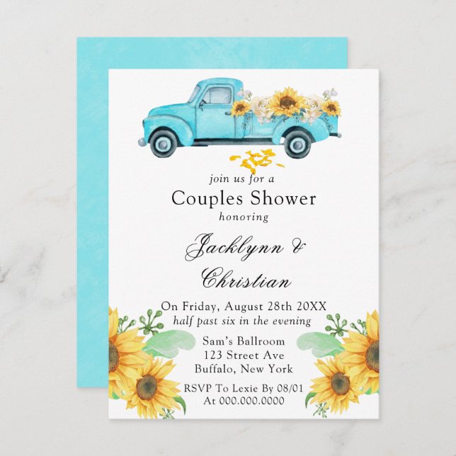 Gelbe Sonnenblume Aqua Vintag LKW Paare Dusche Einladung (Vorne/Hinten)