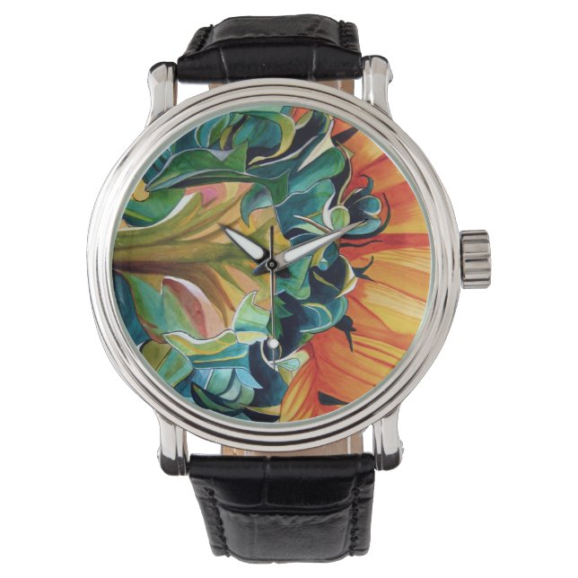 Gelbe Sonnenblume Aquarellmalerei Armbanduhr (Vorderseite)