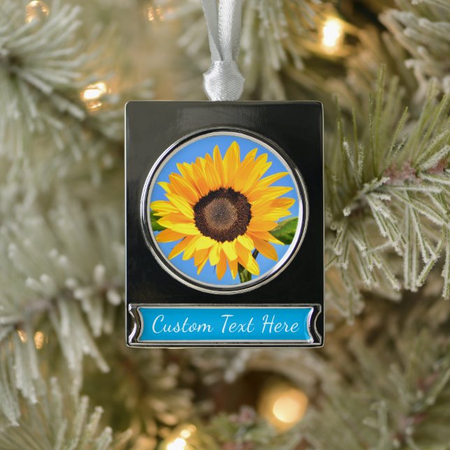 Gelbe Sonnenblume auf blauem Himmel Ihr Text Banner-Ornament Silber (Baum)