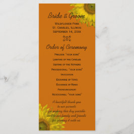 Gelbe Sonnenblume auf dem Orangen Hochzeitsprogram Programm