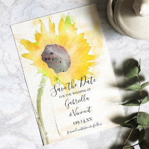 Gelbe Sonnenblume auf einer Hochzeit mit weißem Wa Save The Date