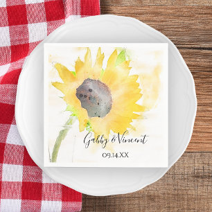 Gelbe Sonnenblume auf einer Hochzeit mit weißem Wa Serviette