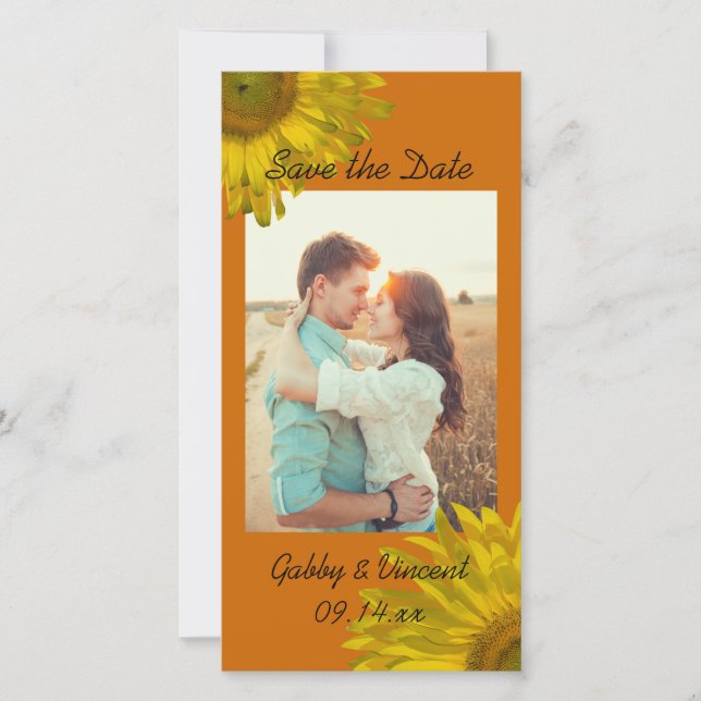 Gelbe Sonnenblume auf Orange Wedding Save the Date (Vorderseite)