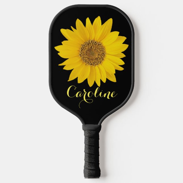 Gelbe Sonnenblume auf schwarzem Individuelle Name Pickleball Schläger (Vorderseite)