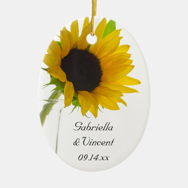 Gelbe Sonnenblume auf weißer Hochzeit Keramik Ornament (Vorne)