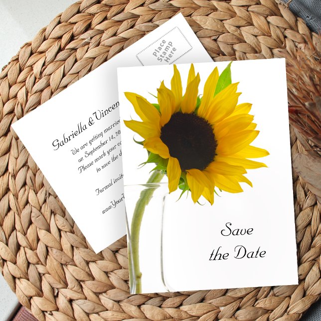 Gelbe Sonnenblume auf weißer Hochzeit Save the Dat Ankündigungspostkarte (Von Creator hochgeladen)