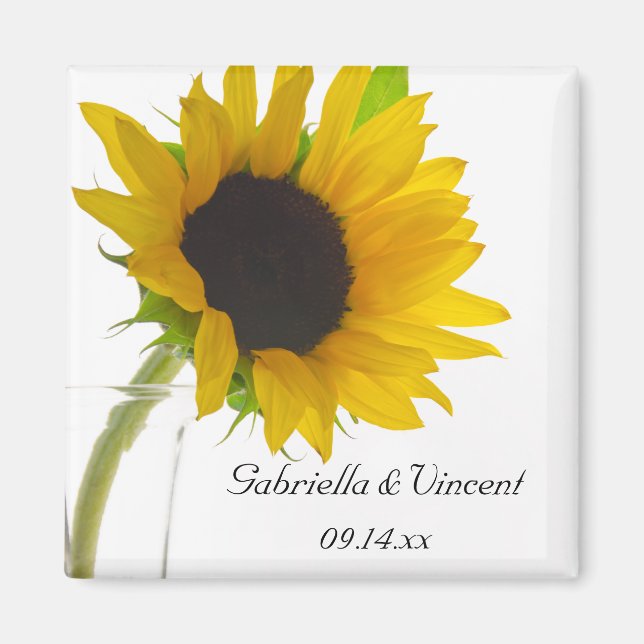 Gelbe Sonnenblume auf weißer Save the Date Hochzei Magnet (Vorne)