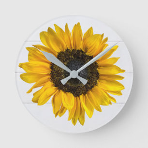 Gelbe Sonnenblume aus Holz Runde Wanduhr
