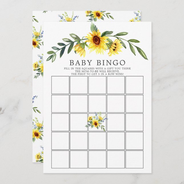 Gelbe Sonnenblume BINGO Babydusche Spiel Einladung (Vorne/Hinten)