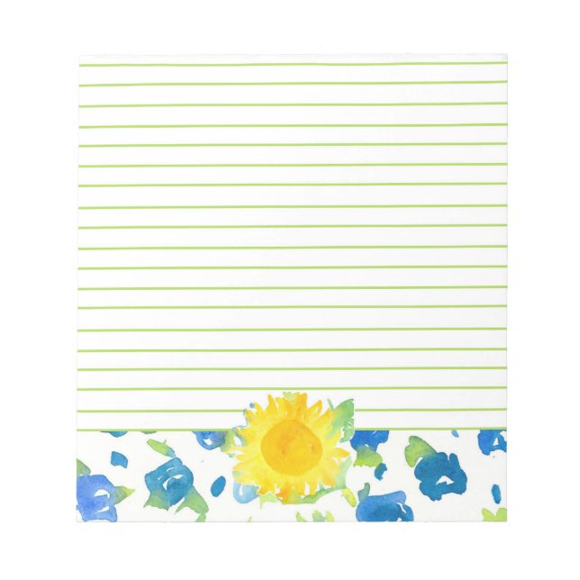 Gelbe Sonnenblume Blaue Wildblumen Aquarell Notizblock (Vorderseite)