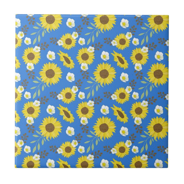 Gelbe Sonnenblume Blauer Hintergrund Blume Fliese (Vorderseite)