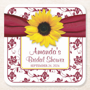 Gelbe Sonnenblume Burgund Personalisierte Hochzeit Rechteckiger Pappuntersetzer