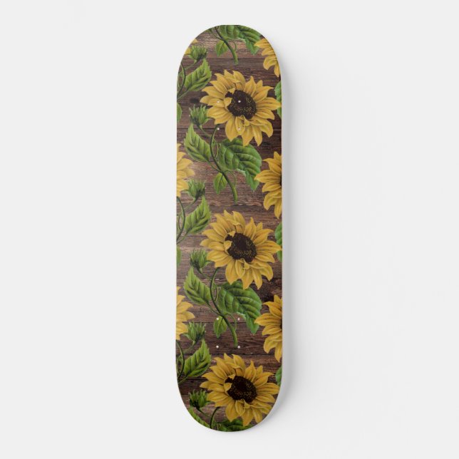 Gelbe Sonnenblume Country Stil Braun Holz rustikal Skateboard (Vorderseite)