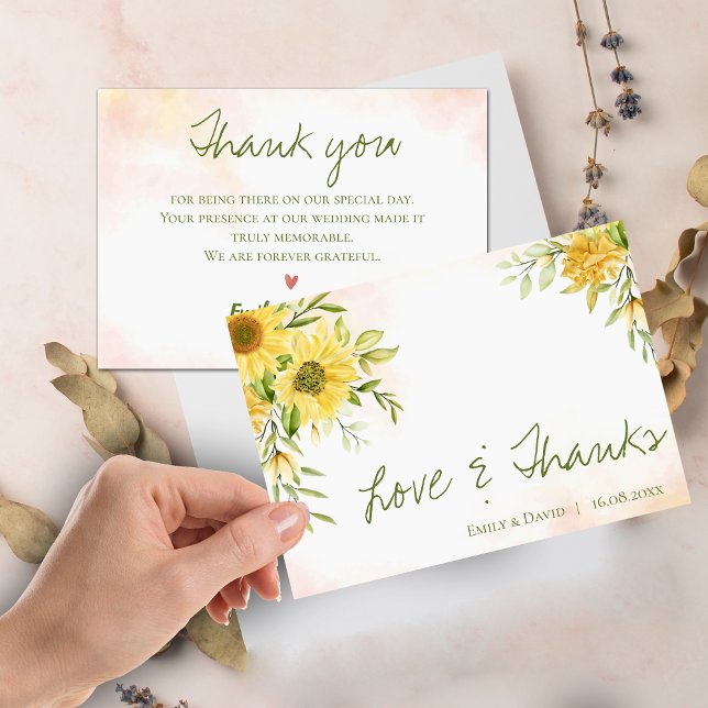 Gelbe Sonnenblume Elegante Liebe & Dank Hochzeit Dankeskarte (Yellow Sunflower Elegant Love & Thanks Wedding Thank You Card)