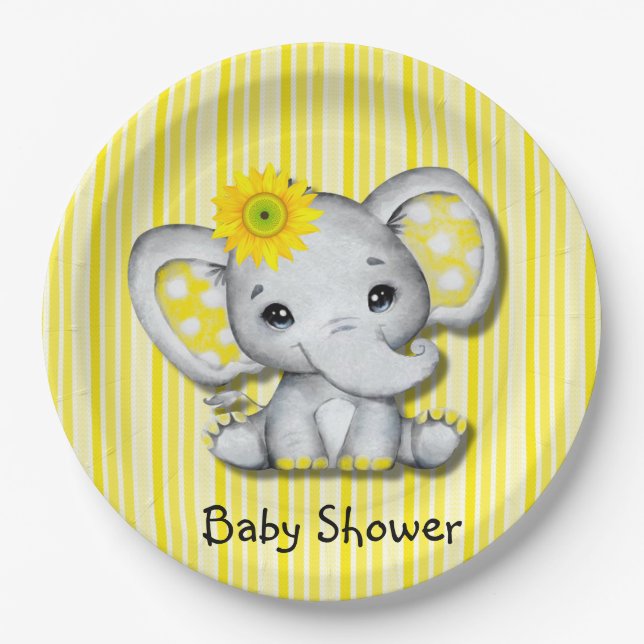 Gelbe Sonnenblume Elephant Babydusche Pappteller (Vorderseite)