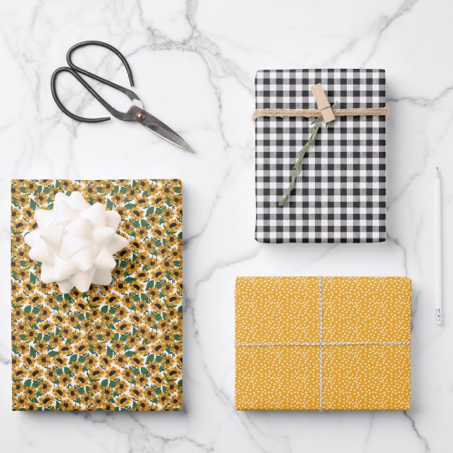 Gelbe Sonnenblume Gingham Wrapping Paper Set Geschenkpapier Set (Vorderseite)