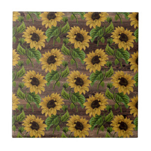 Gelbe Sonnenblume Landhausstil Braunes Holz Rustik Fliese