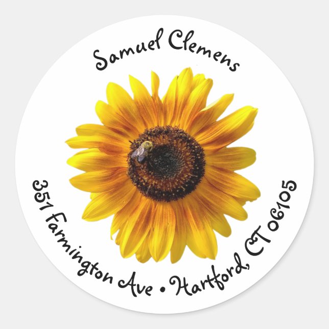 Gelbe Sonnenblume mit Bee-Address-Label Runder Aufkleber (Vorderseite)