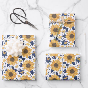 Gelbe Sonnenblume mit blauen Navy-Blätter   Geschenkpapier Set