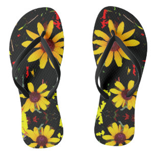 Gelbe Sonnenblume mit Confetti - Schwarzer Dreh Fl Flip Flops