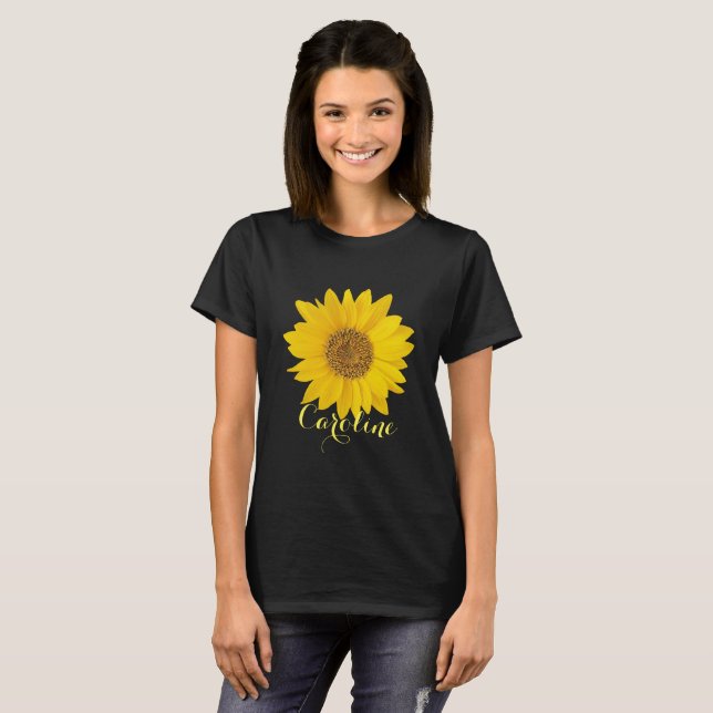 Gelbe Sonnenblume mit Individuelle Name Dunkler T  T-Shirt (Vorne ganz)