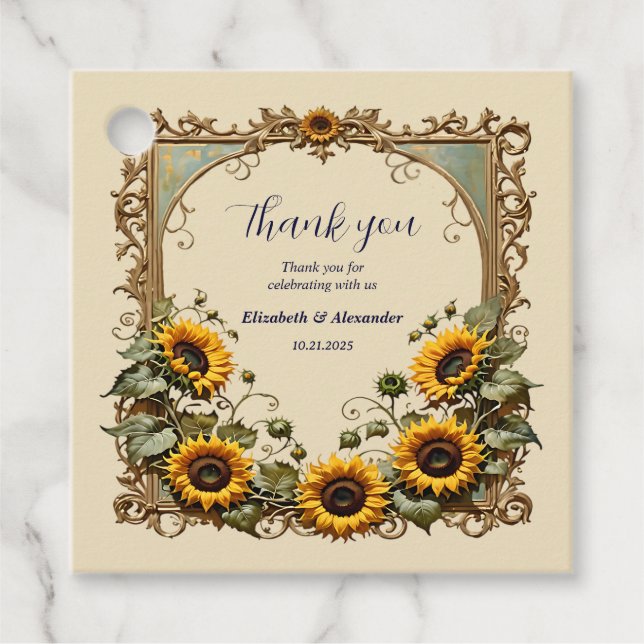 Gelbe Sonnenblume mit Kunstrahmen Hochzeit Geschenkanhänger (Vorderseite)