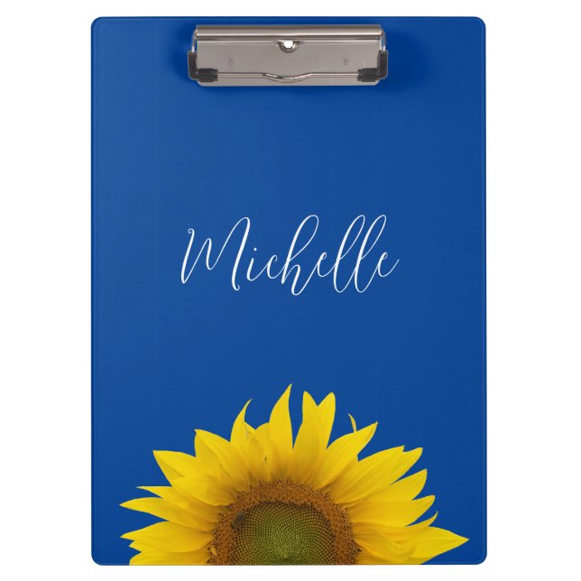 Gelbe Sonnenblume Monogramm Elegant Blau Klemmbrett (Vorderseite)