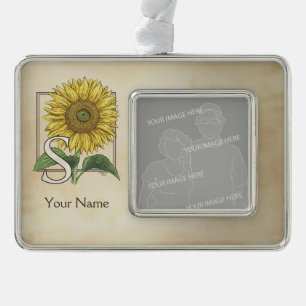 Gelbe Sonnenblume Personalisiert Monogramm Rahmen-Ornament Silber