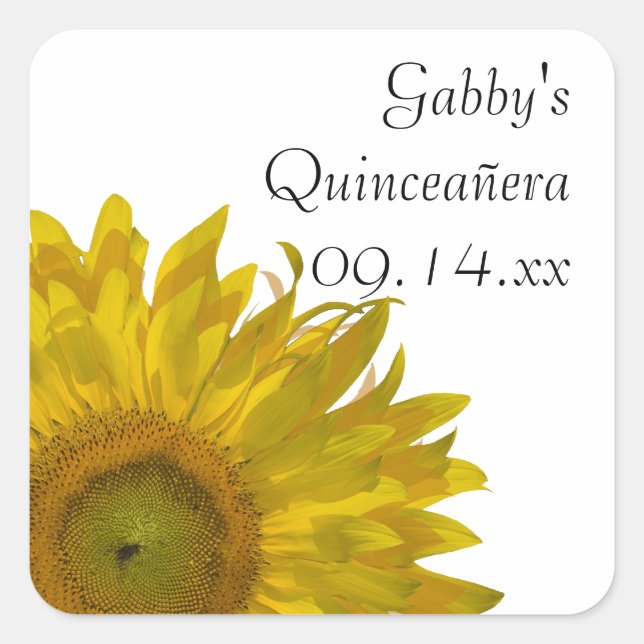 Gelbe Sonnenblume Quinceanera Gefälligkeitstriche Quadratischer Aufkleber (Vorderseite)