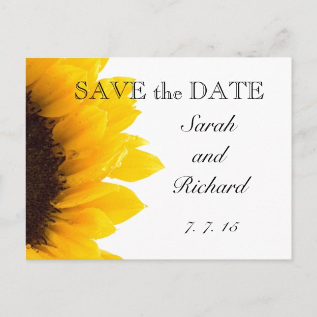 Gelbe Sonnenblume Save the Date Postkarte (Vorderseite)