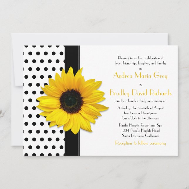 Gelbe Sonnenblume Schwarz-weiß Polka Dot Wedding Einladung (Vorderseite)