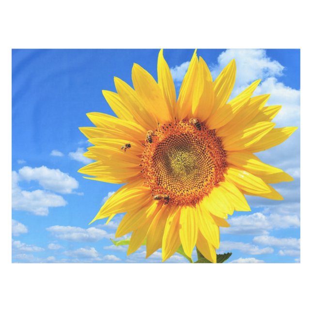 Gelbe Sonnenblume und Bienen Tableclout Blauer Him Tischdecke (Vorderseite (Horizontal))