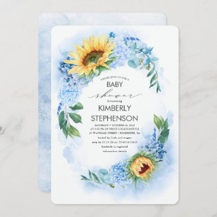 Gelbe Sonnenblume und blaue Hydrangea-Babydusche Einladung