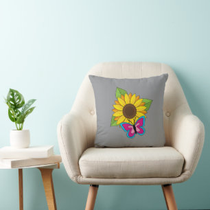 Gelbe Sonnenblume und blauer rosa Schmetterling Kissen